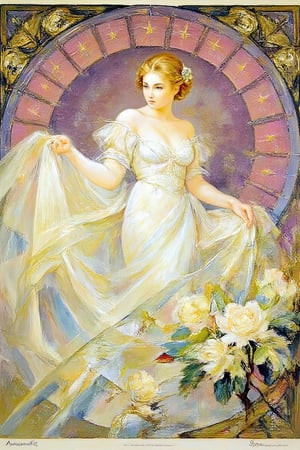 "Art Nouveau poster featuring Sarah Bernhardt in a flowing white gown with intricate folds. The background consists of a starry, purple and pink pattern enclosed by decorative arches. Include stylized roses in the foreground, with green stems and white petals. Above, the title 'La Dame aux Camélias' and 'Sarah Bernhardt' is written in ornate typography. The overall style is characterized by elegant lines, soft pastel colors, and detailed floral motifs typical of Alphonse Mucha’s Art Nouveau work."
