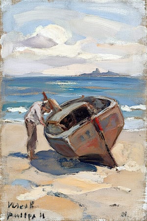 "An alla prima scene on a sandy beach with two men interacting with a large, tilted boat. The boat is damaged. One man is inspecting or working on the boat, while the other stands nearby. The sky is overcast with muted tones, and the calm ocean is visible in the background. The scene is painted in an alla prima, impressionistic style, with dynamic brushstrokes and a muted color palette. The sand has visible texture, and there are strong contrasts and shadows under the boat and figures, emphasizing the interaction and action in the scene."
