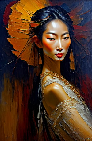 Create a fine art oil painting of a young, tall, skinny, beautiful asian supermodel, designer jewelry, use textured impasto brush strokes, high level of sharpness, making features clear and distinct, clean, defined edges, civetartstyle