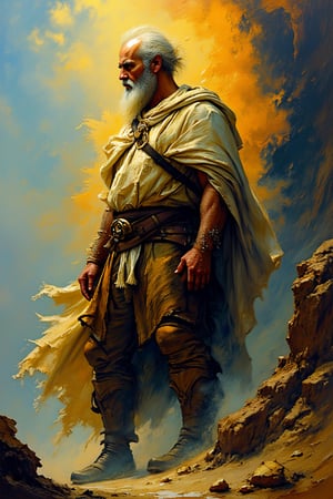 "Create an image that primarily reflects the powerful, dramatic style of Frank Frazetta with elements of Arthur Rackham's surreal and dystopian touches.", "A high resolution, photorealistic image creating a rich, immersive setting that complements the selective focus on the worn and battle-hardened appearance of the large, powerful, heroic figure in tattered, battle-worn clothing in the foreground. The scene should feature a photorealistic selective focus on the figure, highlighting his details and textures. In contrast, the background should transition into an abstract, painterly environment with a combination of warm and cool tones. The atmosphere should be hazy and diffuse, contributing to an ethereal and somewhat dystopian feel. The background colors should include rich, vibrant hues with dramatic contrasts, featuring deep, earthy tones and vivid highlights, seamlessly blending with cooler hues like blues and greys. Indistinct forms and shapes in the background should suggest a rugged, otherworldly landscape rendered in a loose, impressionistic style to emphasize mood and atmosphere over detailed realism. Bold and textured brushstrokes should add depth and movement to the abstract background. The overall effect should capture the immense scale and rugged beauty of the scene, with dramatic lighting emphasizing the textures and features of the landscape."