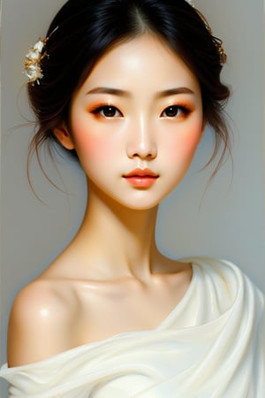 "Create a close-up painting of a stunning Asian woman dressed in an elegant white dress. The painting showcases a high level of sharpness, making her facial features exceptionally clear and distinct. Her expression is serene and captivating, with every detail of her face — from the subtle contours to the delicate structure — rendered with precision and clarity. The texture and folds of her white dress flow softly, contrasting against the sharp, defined edges of her features. The composition emphasizes the interplay of light and shadow, enhancing her radiant beauty and adding depth to the scene."