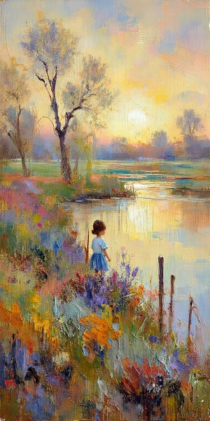 "A tranquil riverside scene at sunset in the style of Claude Monet, with soft, impressionist brushstrokes capturing a young girl standing near a rustic fence by the water's edge. The foreground features lush, textured grass and wildflowers in vibrant shades, adding gentle energy to the scene. The river reflects the warm sunset light, with soft, broken reflections of the sky and sun shimmering across its surface. Just above the horizon, a warm, diffused glow enhances the atmospheric light. In the background, faint details of trees with soft branches and leaves emerge, adding depth to the landscape. The overall composition is bathed in a serene, dreamlike glow, with harmonious colors and blurred edges, evoking a peaceful rural atmosphere."