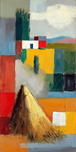 "An abstract, surreal landscape inspired by the style of Paul Klee, depicting a rural scene with a small haystack, trees, and farm buildings. Render the composition using layered, overlapping geometric and organic shapes, creating a sense of depth through value contrast. Foreground elements, such as the haystack and grasses, should be darker and more defined, with sharper textures, while background structures like the house, trees, and sky are softened with blended shapes and lighter hues. Use hierarchical placement and implied perspective to create separation between foreground, midground, and background, ensuring each layer harmonizes with the others. Employ a muted yet earthy color palette, capturing the essence of a quiet, dreamlike countryside, with subtle, rhythmic brushstrokes to convey a balanced and contemplative atmosphere."