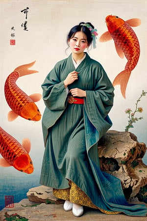 "beautiful woman, clothing, koi fish"  