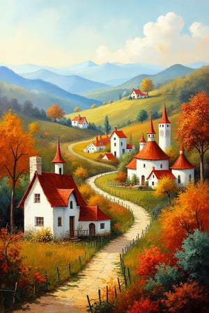 "A charming, idyllic village nestled in a rolling landscape with small white houses, some with orange and red roofs, others with small steeples, domes, or towers. The village is filled with winding stone paths and fences. The scene is rich with autumn colors, with trees in vibrant shades of orange, red, and yellow, some close to the houses and some scattered throughout the hills. The landscape extends into distant hills and mountains, creating a deep horizon. The sky is clear, with soft clouds floating above, and the atmosphere is peaceful and warm, evoking the feeling of a cozy autumn day."