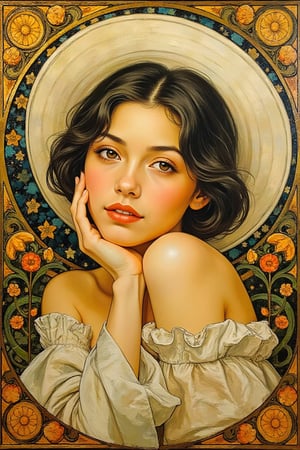 "(masterpiece, drop_shadow, subsurface scattering), oil painting, portrait, hybrid of Karol Bak and Alphonse Mucha style, intricate linework, flowing shapes, soft but vibrant colors, in the style of the High Renaissance and Raphael, A young woman with dark hair, wearing a white hat, delicate and elegant features, surrounded by ornate details and decorative elements, impasto brush strokes, glowing highlights, stylized with Art Nouveau influences."