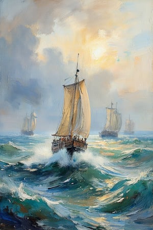 "A medium shot of a boat with sailors struggling against rough seas, set against a stormy sky. The boat is placed closer to the foreground, navigating through choppy waves, with visible sailors working hard against the sea. The sea is in muted tones of blue, green, and gray, with dynamic waves breaking around the boat. The sky is stormy, filled with dramatic clouds in shades of gray and beige, with subtle sunlight breaking through. In the distance, additional ships are visible on the horizon, slightly blurred by the misty atmosphere. The lighting is soft and diffused, contributing to the stormy atmosphere. The style of the painting is watercolor, with visible washes, soft brushstrokes, and delicate, transparent textures in both the sky and sea. (masterpiece, ultra-high resolution, sharp focus, crystal clear details, vivid textures, high clarity, defined edges, ultra-sharp textures, subsurface scattering, while the background remains softly blurred and less defined)."