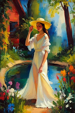 "A serene, Impressionist-style garden scene featuring a woman in a flowing, light-colored dress and a wide-brimmed hat, standing gracefully next to a pond. She is holding a parasol or adjusting her hat, exuding elegance and poise. The garden is vibrant with lush greenery, colorful flowers, and a calm pond that reflects the surroundings. The background includes a red-brick building, partially visible, framed by tall trees and soft, diffused sunlight. The lighting is natural and soft, with gentle sunlight illuminating the scene, casting soft shadows, and creating a peaceful, relaxed atmosphere. The brushstrokes should follow the Impressionist style, blending vibrant colors with subtle textures, while still maintaining clear focus on the woman's figure and elegant pose. Reflections in the pond should be delicately blurred for realism. (masterpiece, ultra-high resolution, sharp focus, crystal clear details, vivid textures, high clarity, defined edges, ultra-sharp textures, subsurface scattering, while the background remains softly blurred and less defined)."

