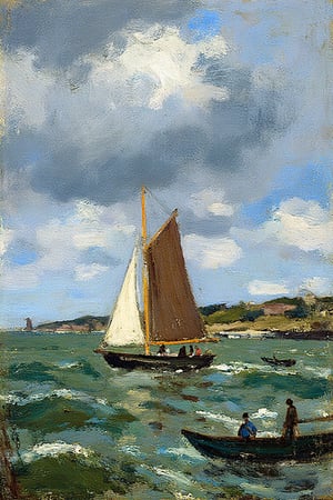 "A dramatic seascape painting in the style of Claude Monet, depicting a small sailboat navigating through a stormy ocean. The sea is churning with waves, painted in varying shades of deep green and white, with whitecaps visible on the surface. Above, the sky is overcast with heavy, gray clouds, creating a moody and tense atmosphere. The sailboat’s large, brown sail is tilted against the wind, and two sailors can be seen on board, struggling against the elements. The entire scene is rendered in loose, impressionist brushstrokes, emphasizing movement and the raw power of the ocean, typical of Monet’s early works."