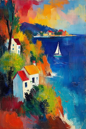 "Bold, expressive, (vivid colors:1.4), (dynamic brushwork:1.3), (simplified forms:1.3), (textured strokes:1.2), (color-driven composition:1.4), (oil painting:1.4), Fauvism, in the style of August Macke. A bright and lively coastal landscape, featuring a view of several houses with simplified, light-colored roofs nestled among lush greenery on a rocky hillside. The scene overlooks a vibrant blue ocean with abstract sailboats drifting in the distance and a colorful peninsula dotted with more houses. The sky is rendered in expressive, non-realistic colors, blending with the water to create a vivid and energetic atmosphere. The painting style prioritizes bold colors and emotional expression over fine details, capturing the essence of the landscape through rich hues and spontaneous, dynamic brushstrokes."