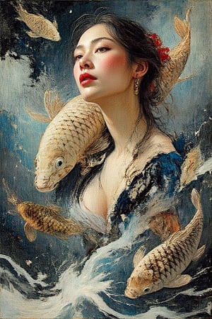 (masterpiece, ultra-high resolution, intricate details, sharp focus, crystal clear, vivid, high clarity, defined edges, ultra-sharp textures, crisp details, subsurface scattering), "a fine art oil painting", "abstract expressionist style", "beautiful woman, clothing, koi fish"  