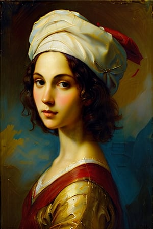 (masterpiece, drop_shadow, subsurface scattering), oil painting, portrait, in the style of the high enaissance and raphael, "A young woman with dark hair, white hat", impasto brush strokes