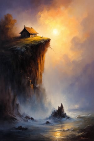 "A dramatic, expansive landscape painting featuring a wooden cabin perched on the edge of a high cliff. The cabin has a thatched roof and is surrounded by a few small trees. Below the cliff, waves crash into rocky formations, creating a misty, ethereal atmosphere. The sky is filled with warm, glowing hues of orange and yellow at sunset, blending softly into cooler tones of blue and purple. Light and shadow interplay across the scene, casting the cliffside and water in a soft, atmospheric glow. The overall mood is serene yet powerful, capturing the majesty of nature in an awe-inspiring composition."