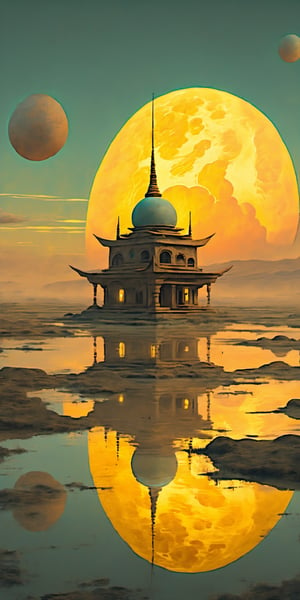 "A surreal, futuristic landscape at dusk with a massive, luminous golden moon dominating the sky, casting a warm glow over everything. The moon should be sharp, detailed, and prominent in the foreground. The background should transition into an abstract, painterly environment featuring indistinct forms and shapes suggesting a Tibetan monastery, rendered in a loose, impressionistic style to emphasize mood and atmosphere over detailed realism. The atmosphere should be hazy and diffuse, creating an ethereal and somewhat dystopian feel. Use a muted color palette with cooler tones such as grays, blues, and greens to create depth and atmosphere, while incorporating more pronounced earthy tones to depict worn, weathered, and aged appearances. Add evident accents of rusty orange-yellows and rusty teals to highlight tiny areas and add visual interest. Ensure the painting blends impressionism and abstraction seamlessly, creating a rich, immersive setting. Utilize Unreal Engine, Octane Render, Hyper Realistic, Cinematic, Epic, and Matte Painting to achieve a high-quality, detailed, and visually striking result."