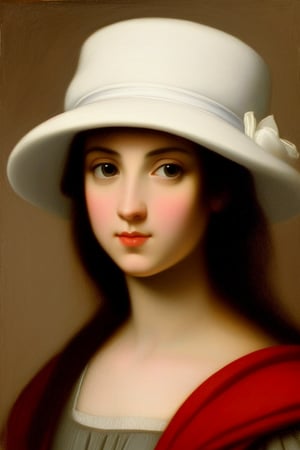 (masterpiece), Create a painting in the style of Raphael and High Renaiissance. Feature a young woman with dark hair, white hat, the aesthetic considerations of line, color, and form, and emphasize figurative art. Highly detailed face with straight, beautiful nose, clear, beautiful eyes, and smooth skin. Use fully saturated colors.",classical realism