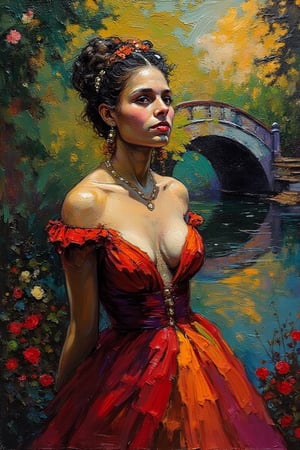 "In an abstract impressionist style, this portrait captures the dynamic, bold impasto brushstrokes with a rich Baroque-inspired color palette. Deep Carmines (for the reds), Ochre Yellows (for warmth), and Prussian Blues (for depth and shadow) dominate the scene, while Olive Greens (for earthy tones) blend with the garden setting. The painting is accented with dark Umber for contrast and highlights of bright, luminous Gold. The thick, textured strokes create a dramatic, tactile surface, with intense carmine and gold tones highlighting the figure’s facial features and dress. The lush greenery and flowers surrounding Monet’s iconic Japanese bridge in the background are rendered in deep, shadowy blues and greens, creating strong contrasts with the lighter, glowing areas illuminated by the warm sunlight. The overall composition evokes the opulence and drama of the Baroque style, infusing the serene garden setting with bold contrasts and rich textures. The impasto technique and layered colors add depth and movement, inviting viewers to explore the tension between the tranquil setting and the intense, expressive color contrasts."