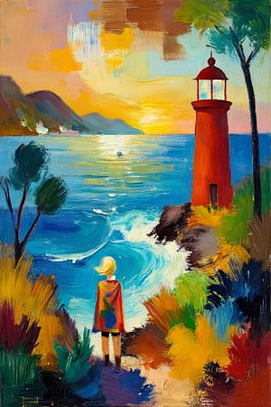 A fine art oil painting in the style of August Macke and Fauvism, featuring bold, expressive colors and simplified forms. The scene depicts a vivid rust-red lighthouse standing alone amidst a turbulent sea, rendered with bright patches of blues and greens. The brushwork is loose and painterly, emphasizing vibrant, saturated color fields over heavy impasto. The sky features energetic cream, brown, and green hues, with a glowing sun casting abstract light across the landscape. In the foreground, a stylized figure with light hair and a colorful cape stands on a rocky cliff, surrounded by simplified tree shapes. The background reveals a foggy, mountainous landscape with vibrant color contrasts, while an abstract, distant cityscape and winding river add depth. The composition prioritizes bold visual impact, flattened forms, and expressive colors, capturing emotional depth through stylized skin tones and a simplified sailboat beneath the colorful sky.