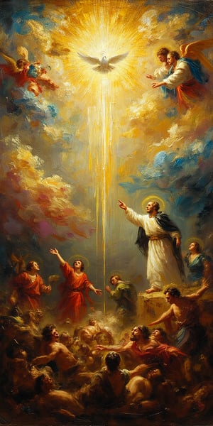 "A grand Baroque-style painting depicting the glorification of Saint Dominic. The top half of the scene shows an ethereal heavenly realm filled with glowing clouds, vibrant divine light, and angels and saints surrounding a central glowing dove, symbolizing the Holy Spirit. The saints and angels wear flowing robes in vivid blue, red, and gold, with golden halos above their heads. Saint Dominic stands on the right side, wearing a white robe and black cloak, pointing upwards toward the divine, bathed in heavenly light. The lower half contrasts sharply, depicting fallen, chaotic figures in darker, reddish and brown tones, writhing in defeat and despair. The painting’s top half glows with golden and white light, while the bottom half is darker and more tumultuous. The atmosphere is filled with a sense of divine glory above and condemnation below, using strong contrasts of light and shadow."
