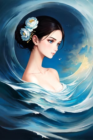 (masterpiece), "Oil painting of a beautiful girl with a delicate, three-dimensional face and exquisite facial features. She has elegant, intricate makeup and her hair is styled in a bun. She is wearing luxurious palace clothes adorned with elegant and exquisite accessories, exuding a fairy-like aura. The scene is highlighted by delicate peony brush strokes in bright colors. There are circling air flows and beautiful, self-luminous water ripples that complement dark magical details. The composition features strong, high-end lighting with complex contrast, colorful light and shadow effects, and museum-style lighting. The overall work is of the highest quality, resembling a masterwork with meticulous brushwork, story-like lens composition, and glowing particles in the air. The background is black, enhancing the fantasy atmosphere with ultra-realistic, high-definition details. The girl's face and eyes are beautiful and realistic, with clean, flawless skin. The scene features a golden ratio, with influences from Asian Artistry, photorealistic quality, 8k, UHD."