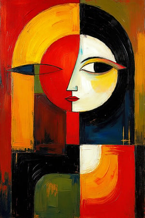 "((masterpiece, best quality, highest quality)), (rich abstract shapes:1.4), a surreal and dreamlike composition with bold, contrasting colors. A stylized abstract figure with closed eyes in a harmonious state, rendered with saturated hues of warm ochre, deep amber, and vibrant red, accented with hints of olive green and midnight blue. ((Dynamic volumetric light and natural luminosity)) bring depth, while rich textures evoke a tactile feel. The figure’s features are simplified yet expressive, set against a richly toned background, creating a balance of warmth and intensity. Glossy textures with light catching the edges add subtle highlights. The overall composition exudes tranquility and intrigue, with organic and geometric forms adding a sense of mystery."