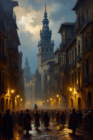 A fine art oil painting, portraying a bustling cityscape in the style of Goya and influenced by the Romanticism era. The scene features dramatic contrasts of light and shadow, with tall, historic buildings lining narrow, cobblestone streets. The setting is illuminated by the soft glow of lanterns, casting long shadows across the city’s architecture, while a moody, overcast sky looms overhead. The color palette reflects the Romantic period, with deep earthy tones like rich browns, ochre, and muted grays, contrasted with cool blues and dusky purples in the sky. The city is brought to life with bold, dynamic impasto brushstrokes, applied forcefully to capture the texture of the weathered buildings, cobblestones, and bustling crowds. Thick, expressive layers of paint add depth and movement, making the cityscape feel vibrant and alive. Soft subsurface scattering can be seen in the glow of the streetlights and lanterns, giving the scene a warm, natural radiance. The composition captures the emotional atmosphere of the city, blending human activity with the grandeur and complexity of urban life, evoking the dramatic beauty and intensity typical of the Romantic period.