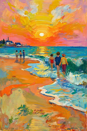 Impressionism, in the style of Paul Gauguin, "Beach scene at sunset – Medium-thick impasto for sand and waves, with soft, indistinct impasto figures walking along the shore or standing near the water, blending with the sunset reflections.", detailed, (extremely sharp:1.2), (high-definition:1.2), (clean, crisp edges:1.2), (ultra-sharp textures:1.4), (focus on fine details:1.2), (perfect clarity:1.2), (oil painting:1.4)