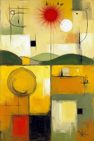 "Abstract, surreal landscape inspired by Paul Klee. A golden field with large circular hay bales, depicted in an abstract, stylized manner. Use layering to create depth, with bold, darker, and more defined hay bales in the foreground, gradually softening shapes and colors as they recede into the background. Soft, overlapping clouds and distant rolling hills in muted tones blend into the horizon, creating a dreamlike perspective. Maintain a balanced, harmonious composition with value contrasts and implied perspective, blending warm golden hues with soft greens and blues. Artistic techniques such as layering, hierarchical placement, and subtle contrasts enhance depth and surreal atmosphere.",  "Random abstract symbols and linework scattered throughout the composition, in thin, scratchy, black and white lines. Small circular accents in white and red add contrast. Faded geometric squares and a large rectangle of subtle, dark color at the bottom."