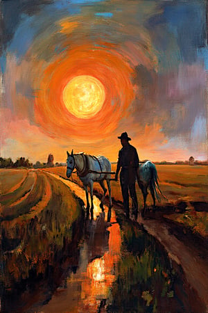 "An abstract sunset painting with a large dull, glowing sun, dramatic sky transitioning from warm oranges to cooler blues and purples. The scene features a peasant farmer plowing a vast field with two workhorses, in a traditional rural countryside setting. Rich, warm colors are used throughout with a glowing reflection on the winding path and grass. The composition has strong light and dark contrasts with smooth lines, detailed texture, and a three-dimensional form. The foreground shows varying textures of grass and earth, creating depth and a serene yet dramatic atmosphere. Incorporate elements of Rembrandt style and Arthur Rackham style to bring a mix of classical, surreal, and whimsical tones to the scene."