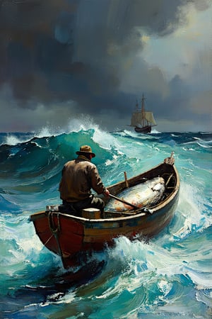 A solitary fisherman rows a small, weathered wooden dory through rough, turbulent seas under a dark, stormy sky. The ocean waves crash against the boat, with intense shades of deep blue and green, white foam swirling at the peaks of the waves, creating a sense of struggle against the powerful waters. The fisherman, dressed in rugged oilskins and a weathered hat, braces against the wind, his posture tense as he looks anxiously toward a distant schooner on the horizon. The sky is dark and foreboding, with heavy clouds gathering, pierced by occasional shafts of light. The boat is worn and battered, with chipped paint, scratches, and faded wood showing the hard life of the fisherman. A large halibut lies in the stern, alongside ropes and barrels. The overall mood is one of isolation and impending danger, captured in realistic, textured brushstrokes that emphasize the motion of the waves and the weathered look of the boat and the fisherman.