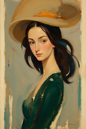 "Create an elegant and stylized modernist portrait in the distinctive style of Amedeo Modigliani, featuring a young woman with elongated facial features and a graceful posture. She has flowing dark brown hair softly styled around her shoulders and wears a deep emerald-green gown, with simplified, flowing folds. Highly detailed face with straight, beautiful nose, clear, beautiful eyes, and smooth skin. (high level of sharpness, making facial features clear and distinct:1.0). Add a large, floppy hat in a warm beige or light tan color that contrasts elegantly with the green dress and complements her elongated, serene features. Her expression should convey a calm and introspective mood, with her eyes slightly lowered or gazing softly into the distance. The background is abstracted, using muted, harmonious colors that frame the subject subtly, while keeping the focus on her refined figure and the interplay of color contrasts. The overall composition emphasizes Modigliani's signature elegance, with elongated forms and a soft, understated color palette."