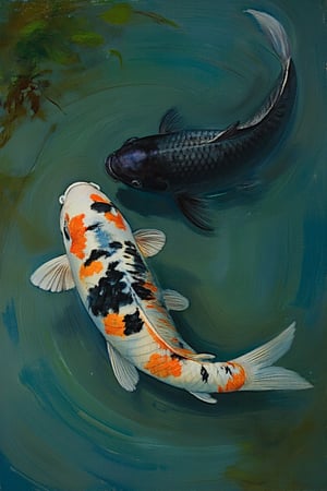 "An overhead, bird's-eye view of two koi fish swimming in a calm, clear pond. The larger koi fish is vividly colored with white, orange, and black patches, while the other is a deep black-purple. The water is a rich, tranquil teal-green, with gentle ripples, soft reflections, and visible aquatic plants rising subtly from the pond's depths, contributing to a sense of depth and clarity. The lighting is soft and diffused, with delicate light ripples and soft reflections across the water's surface, creating a peaceful and serene atmosphere. The two koi fish are clearly spaced apart, swimming in distinct areas of the frame, gliding smoothly through the water. The fish should have sharp, vivid textures with defined edges and crystal-clear details, showcasing ultra-high resolution and ultra-sharp textures with subsurface scattering. The background water and plants should remain softly blurred and less defined, emphasizing the fish in sharp focus. (masterpiece, ultra-high resolution, sharp focus, crystal clear details, vivid textures, high clarity, defined edges, ultra-sharp textures, subsurface scattering, while the background remains softly blurred and less defined)."