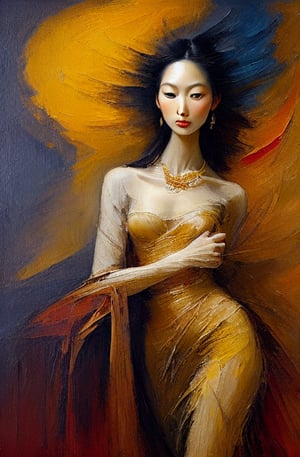 Create a fine art oil painting of a young, tall, skinny, beautiful asian supermodel, designer jewelry, use lightly textured impasto brush strokes, high level of sharpness, making features clear and distinct, clean, defined edges, civetartstyle