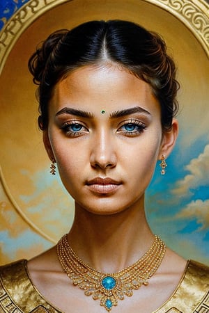 (masterpiece, ultra-high resolution, sharp focus, crystal clear, vivid, high clarity, defined edges, ultra-sharp textures, subsurface scattering), "Oil painting of a beautiful girl with a delicate, three-dimensional face and exquisite facial features. She has elegant, intricate makeup and her hair is styled in a bun. She is wearing luxurious palace clothes adorned with elegant and exquisite accessories, exuding a fairy-like aura. The scene is highlighted by delicate peony brush strokes in bright colors. There are circling air flows and beautiful, self-luminous water ripples that complement dark magical details. The composition features strong, high-end lighting with complex contrast, colorful light and shadow effects, and museum-style lighting. The overall work is of the highest quality, resembling a masterwork with meticulous brushwork, story-like lens composition, and glowing particles in the air. The background is black, enhancing the fantasy atmosphere with ultra-realistic, high-definition details. The girl's face and eyes are beautiful and realistic, with clean, flawless skin. The scene features a golden ratio, with influences from Asian Artistry, photorealistic quality, 8k, UHD."