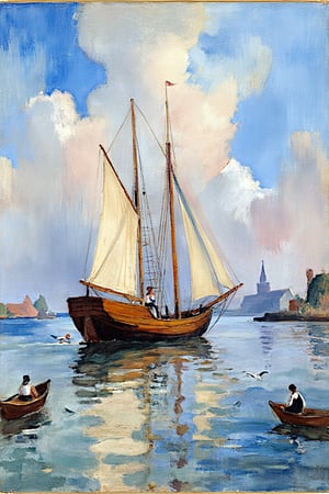 An Impressionist-style painting in the manner of Claude Monet, depicting an 18th-century maritime scene with a large wooden sailing ship featuring tall masts and billowing white sails. The ship is rendered with loose, expressive brushstrokes that capture the play of light and color rather than intricate details, giving it a sense of movement and atmosphere. The calm waters reflect the ship and sky with shimmering, broken strokes of blue, gray, and soft white, creating a luminous effect. Smaller boats with sailors rowing are suggested with dabs of color, blending into the scene, while other ships appear as hazy silhouettes in the distance. The sky, painted with soft, blended hues of blue and white, features scattered clouds that cast gentle reflections on the water. The distant coastal architecture is hinted at with minimal detail, adding depth to the tranquil atmosphere. Gentle waves and seagulls are depicted with fluid, spontaneous strokes, emphasizing the overall sense of lightness and harmony characteristic of Monet's approach.