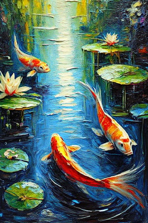 "In a surreal, expressionist style", A tranquil koi pond with lily pads, depicted through heavy impasto brushstrokes. The thick application of paint adds texture and depth to the scene, bringing the koi fish and lily pads to life with rich, vibrant colors. The koi seem to move fluidly beneath the surface, while the impasto technique gives the water and lily pads a tactile, almost three-dimensional quality. The bold, expressive brushwork emphasizes the natural beauty and calmness of the scene, with the texture adding a dynamic contrast to the peaceful subject matter.