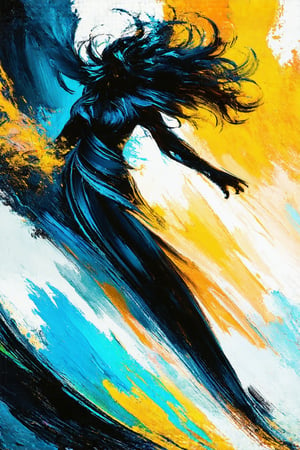 A dynamic figure bursts forth from a vortex of swirling colors, hair windborn as they hurtle towards the viewer. Powerful brush strokes evoke a sense of energy, with textured brush strokes giving depth to the turbulent scene. The subject's face is a blur of motion. A maelstrom of abstract shapes surrounds them, like a whirlpool drawing in the viewer. Brush strokes dance across the canvas, imbuing the piece with an emotional intensity that feels almost palpable. The focus is sharp, yet the overall effect is one of blurred motion, as if time itself is warping.