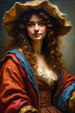 A fine art oil painting in an Impressionist style, depicting a young woman with long, loosely curled hair touched by subtle highlights. She is dressed in vibrant, flowing period clothing, painted in loose, expressive strokes. The folds and texture of her garments, in rich tones of reds, deep blues, and warm golds, blend softly together, with colors flowing into each other to create a sense of movement and light. She wears a large, floppy hat, its soft, dramatic curves suggested with quick, light brushstrokes that give it an airy, whimsical feel. The lighting is soft and diffused, eliminating harsh contrasts and instead focusing on how light subtly interacts with her features, creating a serene, glowing atmosphere. The composition centers on her calm and captivating expression, with dappled light gently highlighting her face. The visible brushstrokes are short and broken, blending colors optically rather than through detailed realism, capturing the fleeting quality of light and atmosphere, hallmarks of the Impressionist style.