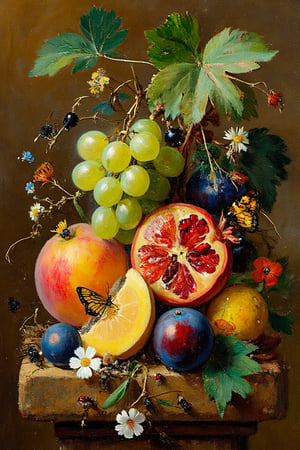 "A vibrant still life scene featuring a large cluster of green grapes, an open pomegranate revealing bright red seeds, a ripe peach, deep blue plums, and a sliced yellow-orange melon, all arranged on a stone ledge. The scene is filled with large, detailed grape leaves and stems, intertwined with small flowers and insects like butterflies, ants, and beetles. The lighting is soft and warm, creating gentle shadows and enhancing the glossy texture of the fruits. The background is a muted brown, allowing the rich colors of the fruits and leaves to stand out, evoking a sense of natural abundance and beauty."