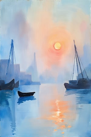 "A soft, impressionistic painting of a harbor at dawn, with misty, blue and orange hues. The sun, a small, glowing red-orange disk, reflects off the calm water in rippling orange streaks. In the foreground, dark silhouettes of small boats float on the water. In the background, barely distinguishable cranes and industrial shapes emerge through the thick mist, creating a hazy, dreamlike atmosphere. The sky is painted with gentle, broad brushstrokes of light blues and pinks, blending seamlessly with the distant structures and water. The entire scene captures the peaceful, early morning light with an ethereal, soft-focus effect, characteristic of Monet's impressionistic style."