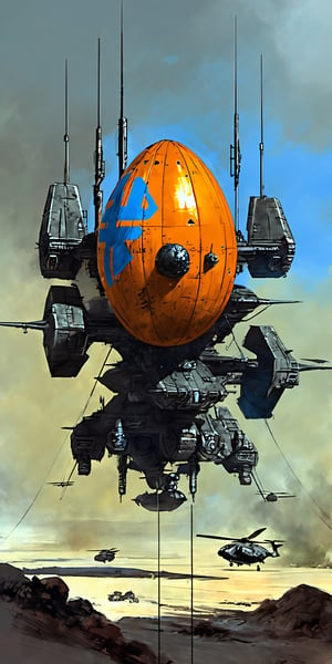 "A heavily armored, egg-shaped, hovering anti-gravity surveillance unit, equipped with advanced weaponry. The unit features a primary weapon for long-range attacks and a secondary weapon for medium-range engagements. Multiple antennae and sensor arrays are present for communication and targeting capabilities. The unit uses a hovering anti-gravity system for stability and movement. The surveillance unit is covered in angular armor plates, painted in a striking orange and blue camouflage pattern. The design is minimalist. The setting is a science fiction battlefield."