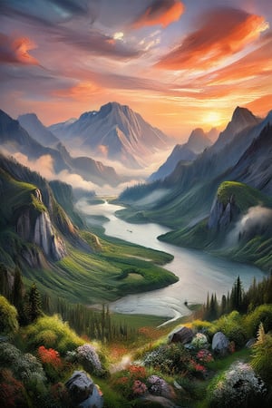 "A breathtaking landscape featuring towering mountains in the background, with an ocean meeting a beach in the foreground. A lush forest surrounds a winding river that flows into a serene lake. Flowers and trees dot the scene, adding bursts of color and texture. The sky is illuminated by the warm glow of a vibrant sunset, while the opposite side hints at the soft hues of a sunrise. The overall scene captures the natural beauty and harmony of these diverse elements in a single, cohesive composition."