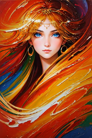 (masterpiece), "Oil painting of a beautiful girl with a delicate, three-dimensional face and exquisite facial features. (Heavy, textured, impasto brush strokes:1.4). She has elegant, intricate makeup and her hair is styled in a bun. She is wearing luxurious palace clothes adorned with elegant and exquisite accessories, exuding a fairy-like aura. The scene is highlighted by delicate peony brush strokes in bright colors. There are circling air flows and beautiful, self-luminous water ripples that complement dark magical details. The composition features strong, high-end lighting with complex contrast, colorful light and shadow effects, and museum-style lighting. The overall work is of the highest quality, resembling a masterwork with meticulous brushwork, story-like lens composition, and glowing particles in the air. The background is black, enhancing the fantasy atmosphere with ultra-realistic, high-definition details. The girl's face and eyes are beautiful and realistic, with clean, flawless skin. The scene features a golden ratio, with influences from Asian Artistry, photorealistic quality, 8k, UHD."