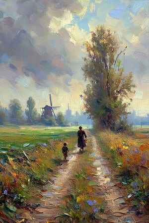 "A peaceful Dutch countryside landscape with a dirt path stretching into the distance, puddles reflecting the cloudy sky after a recent rain. A woman and a child walk along the path, with the woman carrying a basket and holding the child's hand. Tall autumnal trees with orange-brown leaves line the right side of the path, while lush green fields and a small stream or canal stretch out to the left. The distant background features windmills and more trees, under a partly cloudy sky with shades of blue, gray, and white. The mood is calm and serene, capturing a quiet moment in rural life. (masterpiece, ultra-high resolution, sharp focus, crystal clear details, vivid textures, high clarity, defined edges, ultra-sharp textures, subsurface scattering, while the background remains softly blurred and less defined)."