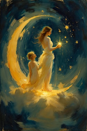 A medium shot of an ethereal female figure standing gracefully on a glowing crescent moon, her form bathed in soft yet vivid moonlight. She holds glowing stars in her hands, while a second figure behind her, crouching slightly, gathers more stars with focus and intention. The figures appear to float gently, surrounded by swirling, misty clouds, and a vast, deep blue starry night sky filled with glowing stars. The stars and the moon glow brightly, casting soft, dreamlike lighting on the scene, while the background remains cosmic and magical, with more scattered stars and swirling patterns of light. The painting features a Symbolist style with rich textures and flowing brush strokes, blending the figures into the mystical, celestial background. The figures are detailed with sharp focus, crystal-clear textures, while the background remains softly blurred, adding depth and mystery to the scene. (masterpiece, ultra-high resolution, sharp focus, crystal clear details, vivid textures, high clarity, defined edges, ultra-sharp textures, subsurface scattering, while the background remains softly blurred and less defined)