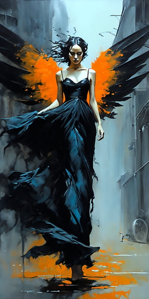 "Create a dramatic and hyperrealistic oil painting emphasizing a gothic and surreal style. The scene features a central figure of a solemn woman with black wings, dressed in a flowing black gown that merges into fiery orange flames at the bottom. The figure should appear powerful and mysterious, with a somber expression. The lighting is dramatic, coming from the front, casting deep shadows and highlighting the textures of her dress and wings. The background should be surreal and dystopian, with abstract, painterly brushstrokes suggesting a decaying, otherworldly environment. Include elements like ruined buildings or alien landscapes rendered in muted shades of gray, blue, and green to enhance the eerie atmosphere. Use a limited color palette of black, grays, and fiery orange accents to create a stark contrast and evoke a sense of mystery and intensity. The brushwork should be meticulous and expressive, with fine details on the figure and more dynamic, loose strokes for the flames. The overall atmosphere should be one of melancholy beauty and otherworldly power, blending realism with abstract elements to create a rich and immersive scene."