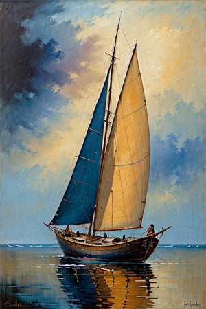 (masterpiece), "an sks_surrealart style oil painting", "The overall effect is a blend of impressionism and abstraction, creating a rich, immersive setting that complements the sharp focus on the massive sailboat in the foreground. This sailboat, weathered by time and the elements, stands as a testament to endurance and exploration. The scene should feature an impressionist sharp focus on the sailboat, highlighting its tattered sails and worn hull. In contrast, the background should transition into an abstract, painterly environment. The atmosphere should be hazy and diffuse, contributing to an ethereal and somewhat dystopian feel. Indistinct forms and shapes in the background should suggest several other ships and a few shadowy figures, rendered in a loose, impressionistic style to emphasize mood and atmosphere over detailed realism. The colors in the background should include shades of rich, vibrant hues with dramatic contrasts, featuring deep, earthy tones and vivid highlights, blending seamlessly with cooler hues like blues and greys. Use this blend of subdued and bold colors to emphasize the gritty nature of the scene. The overall scene should evoke a sense of quiet solitude and mystery, capturing the ethereal beauty and timeless quality of the weathered sailboat amidst an abstract, impressionistic landscape.",civetartstyle