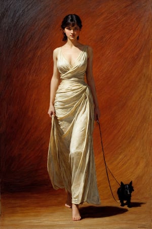 (full body portrait of a beautiful woman walking her dog:1.0), (rich, warm colors:1.0), (dramatic composition:1.0), (smooth lines:1.0), (detailed texture:1.0), (three-dimensional form:1.0), (strong light and dark contrast:1.0), (detailed, rich background:1.0), (natural, warm light:1.0), (elegant and classical style:1.0), (serene and dignified mood:1.0), (in the style of Irving Pen:1.0)