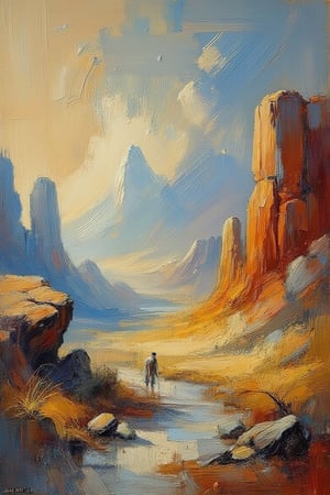 "A fine art oil painting, masterpiece, ultra-high resolution, sharp focus, crystal clear, vivid, high clarity, defined edges, ultra-sharp textures, subsurface scattering. The painting is rendered in ultra-high definition, with sharp textures and defined edges. The image is crystal clear and vivid, emphasizing crisp brush strokes throughout the scene. Subsurface scattering is used to enhance realism, adding depth to the textures, and the entire composition is meticulously focused on achieving ultra-sharp textures and visual clarity.", "a fine art oil painting in an abstract style", "landscape, person"