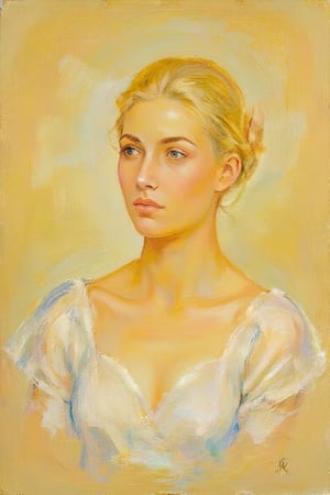 Create a portrait of a blonde woman in the style of Helene Schjerfbeck’s "Blond Woman, 1925". The image should focus on simplicity and abstraction, with soft, minimal brush strokes. Use warm, vibrant colors. The woman’s face should be delicate and slightly elongated, with pale skin tones. Her expression should evoke a sense of quiet introspection. The background should be muted and nearly empty, blending into the subject to give a dreamlike atmosphere. Her features, especially her eyes and lips, should have minimal detailing, giving the painting an unfinished yet emotionally profound quality. Use a limited color palette with warm colors. The overall composition should emphasize a feeling of vulnerability and solitude.