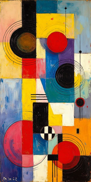 "Abstract, surreal composition inspired by Paul Klee, featuring layered geometric shapes and organic forms arranged to create a harmonious balance. A central structure with vibrant, overlapping shapes in yellow, red, blue, and purple, with darker, more defined shapes in the foreground and softer, blended shapes in the background. Thin black lines, concentric circles, and checkerboard patterns interweave to add a sense of rhythm. Hierarchical placement and value contrast give depth, with foreground elements more saturated and background elements fading in pastel tones. The composition is balanced with careful use of color contrasts, curved and angular lines, and layered shapes. Create a dreamlike, whimsical atmosphere with soft textures and implied perspective, capturing the abstract surrealism of Klee's style."